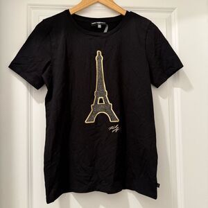 Karl Lagerfeld Top Women's XS Eiffel Tower T Shirt Short Sleeve Black Gold